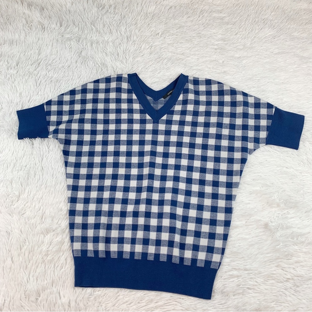 Derek Lam short sleeve V Neck gingham plaid sweater blue white